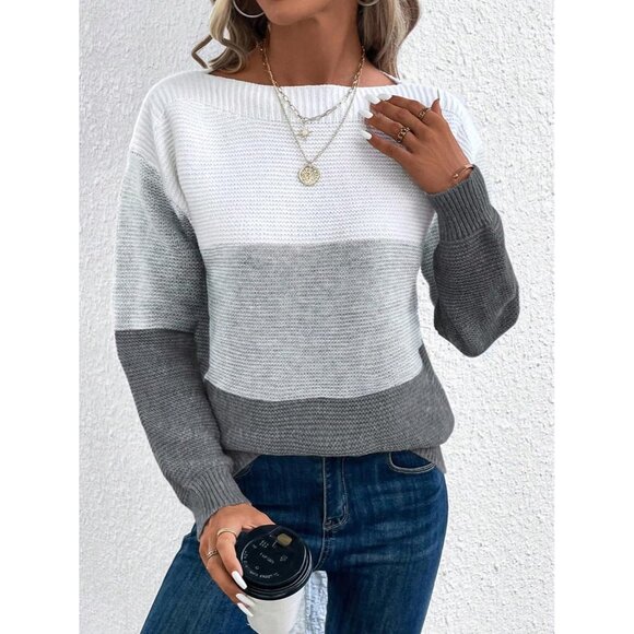 Women's Grey Long Sleeve Crew Neck Color Block Fall Fashion Pullover Sweaters - Picture 3 of 5